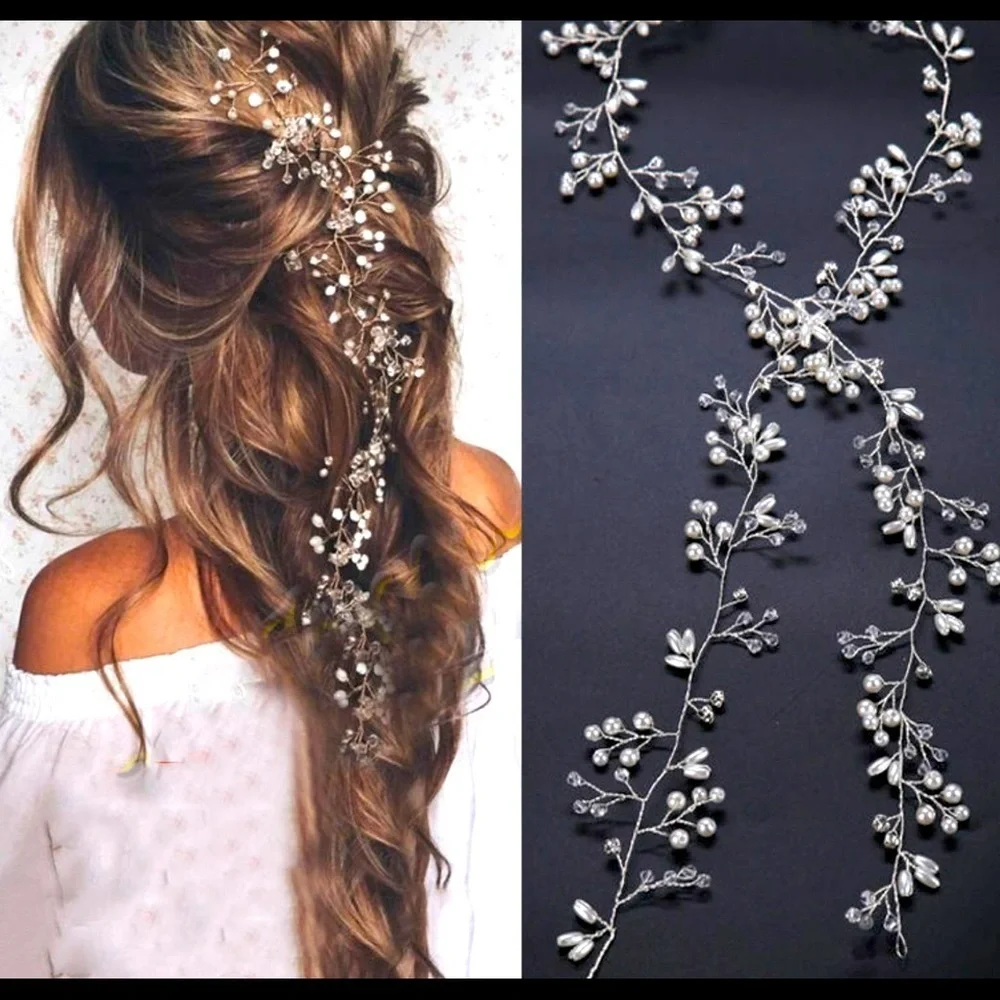 Stunning Pearl, Crystal & Gold Wire Hair Garland